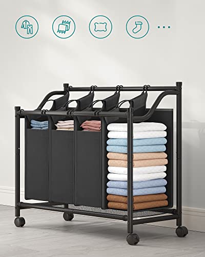 Rolling Laundry Sorter, Laundry Basket with 4 Removable Bags, Laundry Hamper, Laundry Trolley, for Laundry Room, Bedroom, Bathroom, 4 x 35L, Black