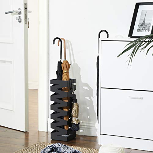 Metal Umbrella Stand, Square Umbrella Holder Rack, with Hooks and Drip Tray, 15.5 x 15.5 x 49 cm, Black