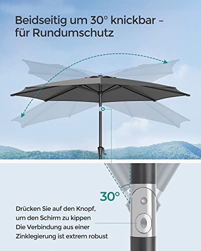 290 cm Garden Parasol Umbrella, UPF 50+, Sun Shade, 30° Tilt in 2 Directions, Crank Handle for Opening and Closing, for Outdoor Gardens Pool Balcony Patio, Base Not Included, Grey