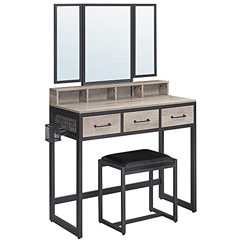 Dressing Table with Padded Stool, Triple Mirror, 3 Drawers, Hair Dryer Holder, Pot, Industrial Style, Grey and Black