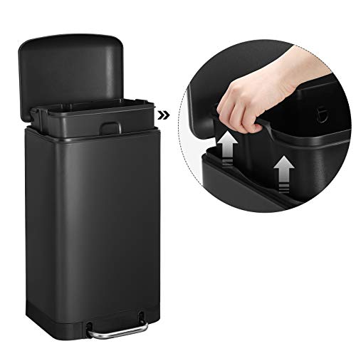 Rubbish Bin, 30 L Kitchen Bin, Steel Pedal Bin with Inner Bucket and Lid, Soft Closure, Odour Seal for Kitchen, Living Room, Black