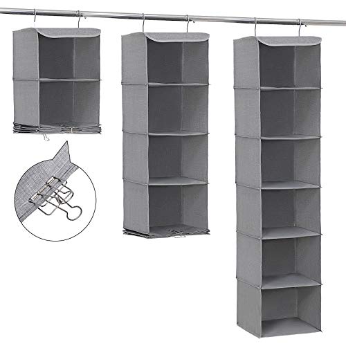 Hanging Storage with 6 Shelves Wardrobe Closet Organiser + 2 Clips, Grey 30 x 30 x 130 cm (W x D x H)