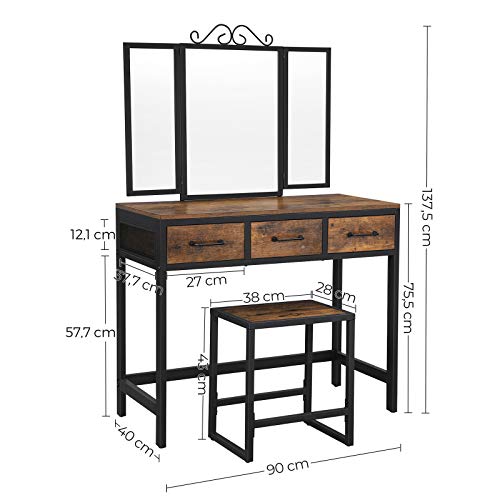 Vanity Table and Stool Set, Dressing Table with Tri-Fold Mirror, 3 Drawers, Makeup Table with Steel Frame, Industrial Style, Rustic Brown and Black