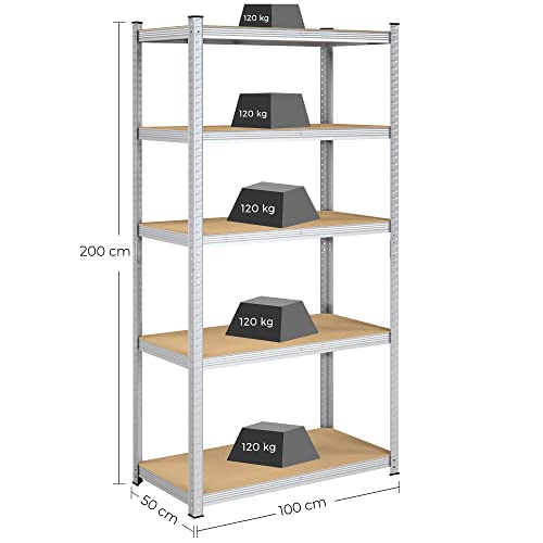 5-Tier Shelving Unit, Steel Shelving Unit for Storage, Tool-Free Assembly, for Garage, Shed, Load Capacity 600 kg, 50 x 100 x 200 cm, Silver