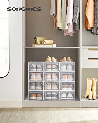 Shoe Boxes, Pack of 12 Stackable Shoe Storage Organisers, Foldable and Versatile for Sneakers, Fit up to UK Size 10.5, Transparent and White