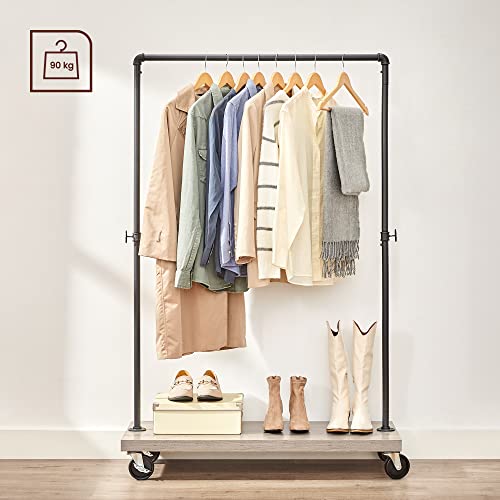 Clothes Rail for Bedroom, Heavy-Duty Clothes Rack, Industrial Pipe Rolling Garment Rack with Shelf, Top Rail Max. Load 90 kg, Laundry Room, Retail Store, Greige and Black