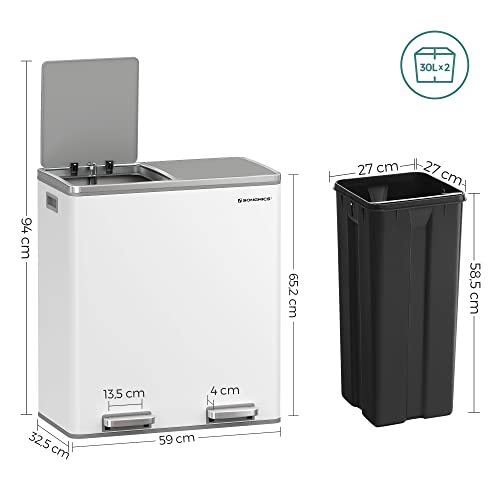 Double Rubbish Bin, 2 x 30 L Dual Compartment Kitchen Bin with 15 Rubbish Bags, Metal Pedal Bin with Plastic Inner Buckets and Lids, Soft Close, Odour Seal, White and Silver