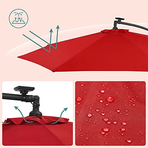 Cantilever Garden Patio Parasol with Solar-Powered LED Lights, 3 m Offset Parasol with Base, UPF 50+ Banana Hanging Umbrella, Crank for Opening Closing, Red