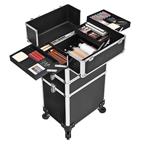 4-in-1 Professional Makeup Case, Travelling Beauty Trolley, Cosmetic Trolley for Hairdressers, Lockable Makeup Storage with Castors, Black