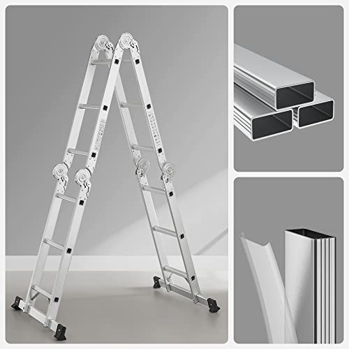 3.5 m Ladder, Multi-Purpose Aluminium Ladder with 2 Metal Plates and 12 Steps, Articulated, Holds up to 150 kg, Silver