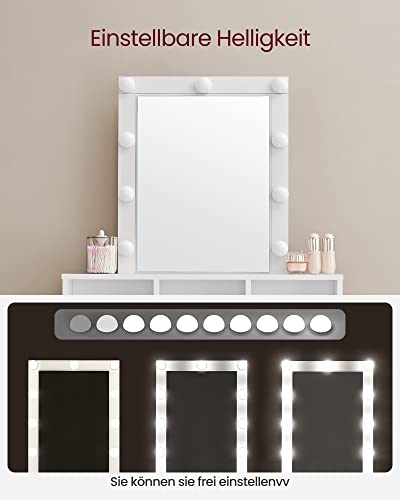 Dressing Table with Mirror and Bulbs, Cosmetic Table with 2 Drawers and 3 Open Compartments, Dressing Table for Makeup, Modern, White