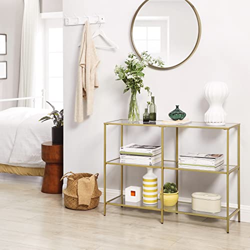 Console Table, Sofa Table with 3 Shelves, Tempered Glass Shelf, 100 x 30 x 73 cm, Metal Frame, Modern, for Hallway Living Room Bedroom, Gold Colour