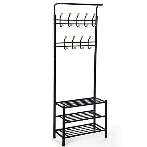 Coat Stand with 3 Shoe Racks with 18 Hooks Tube Diameter 32 mm, Metal, Black, 68.8 x 35.2 x 187 cm