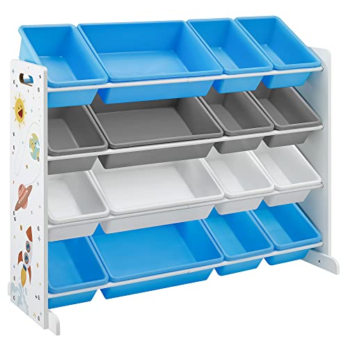 Toy Storage Unit, 4-Tier Large Toy Organiser for Kids with 16 Removable Plastic Bins, for Children’s Room, Playroom, Living Room, White, Blue, and Grey