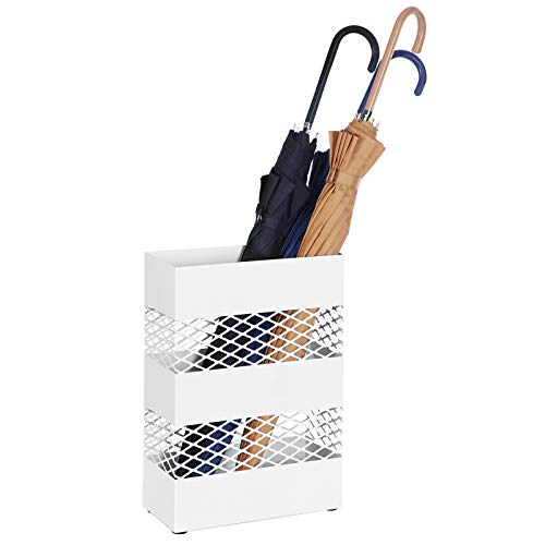 Metal Umbrella Holder, Umbrella Stand, 28 x 12 x 41 cm, Rectangular with Water Tray, Openwork Design, White