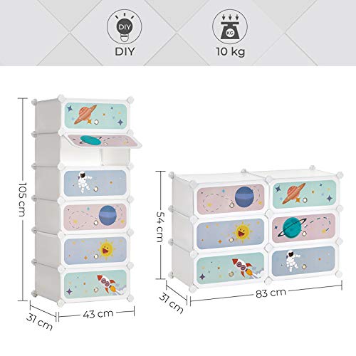 6-Slot Children’s Shoe Rack, Storage Unit, Interlocking Organiser Cabinet for Kids with Plastic Shelves, Modular Wardrobe with Doors, 43 x 31 x 105 cm, White