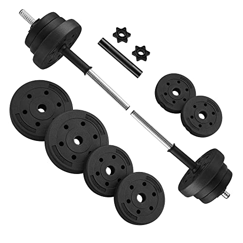 2-in-1 Dumbbells Set, 2 x 10 kg Adjustable Dumbbells with Extra Barbell Bar, Plastic-Coated Weight Plates, Fitness Exercise, Home Gym, Black