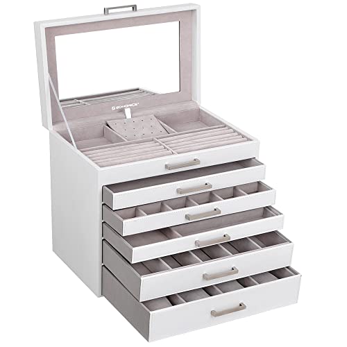 Jewellery Box, Jewellery Organiser, Large Jewellery case, with 6 Layers and 5 Drawers, White