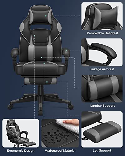 Gaming Chair Desk Chair with Footrest, Office Chair with Headrest and Lumbar Cushion, Height-Adjustable, Ergonomic, 90-135° Tilt Angle, Load 150 kg Black + grey