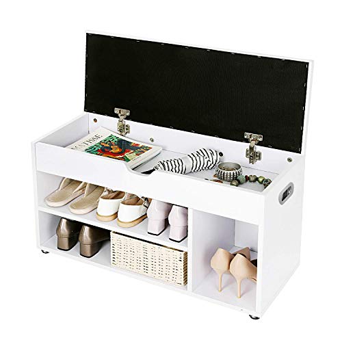 Wooden Shoe Bench, Paaed Storage Seat, Hallway Cabinet with 2 Shelves and a Hidden Chest, White