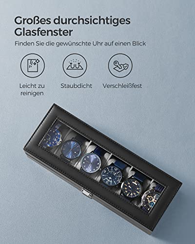 Watch Box with 6 Slots, Watch Case with Glass Lid, Velvet Watch Pillows, Watch Holder with Clasp, 11.2 x 30 x 8 cm, Gift Idea, Black Synthetic Leather, Grey Lining