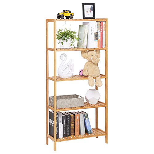 Bathroom Kitchen Storage Bamboo 5 Shelves Adjustable Floor Height Flower Stand Book Shelf natural, 60 x 26 x 130 cm