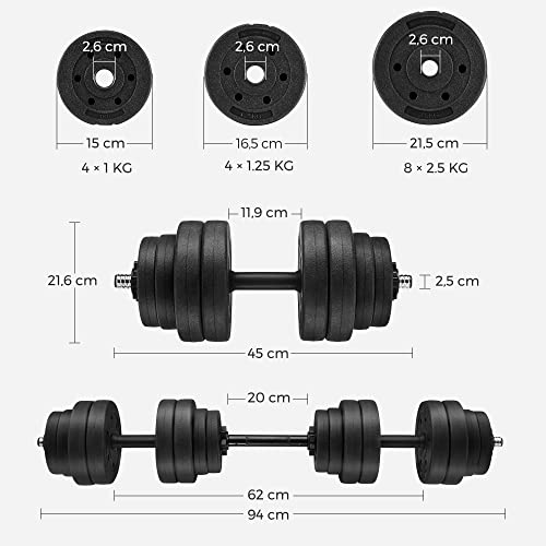 2-in-1 Dumbbells Set, 2 x 15 kg Adjustable Dumbbells with Extra Barbell Bar, Plastic-Coated Weight Plates, Fitness Exercise, Home Gym, Black