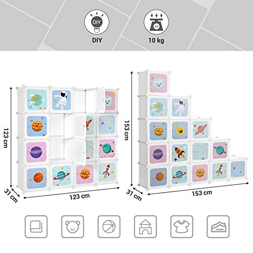 15-Cube Children’s Storage Unit, Interlocking Organiser Cabinet for Kids, Plastic Cube Shelves, Modular Wardrobe with Doors, Clothes Shoes Toys School Bags, 153 x 31 x 153 cm White