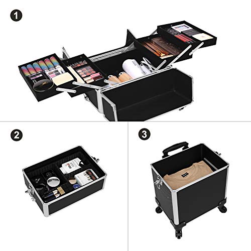 Professional Makeup Case, 3-in-1 Travelling Beauty Trolley, Large Cosmetic Trolley for Hairdressers, Lockable Rolling Makeup Case with 360-Degree Universal Casters, Black