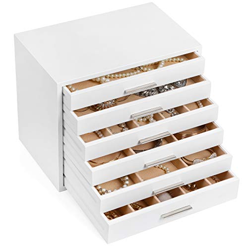 Wooden Jewellery Box, 6-Layer Jewellery Organiser, Ideal for Necklaces, Earrings, Sunglasses, Bracelets, Watches, White