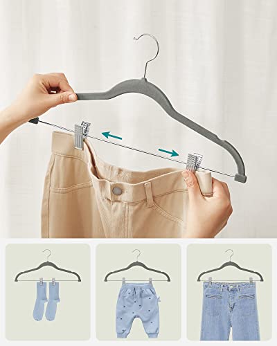 Trouser Hangers, Set of 12 Velvet Hangers with Adjustable Clips, 42.5 cm Long, Non-Slip, Space-Saving, for Skirts, Coats, Dresses, Grey