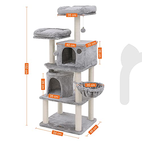 Cat Tree, Tall Cat Tower, 2 Caves, Light Grey