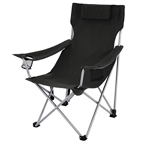 Folding Camping Chair, Outdoor Chair with Armrests, Headrest and Cup Holder, Stable Structure, Max. Capacity 150 kg, Black