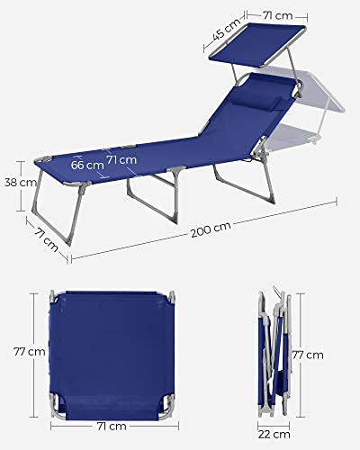 Lounger, Sunbed, Large Reclining Sun Chair, 71 x 200 x 38 cm, Load Capacity 150 kg, with Headrest, Reclining Backrest, Sunshade, Foldable, for Garden, Dark Blue