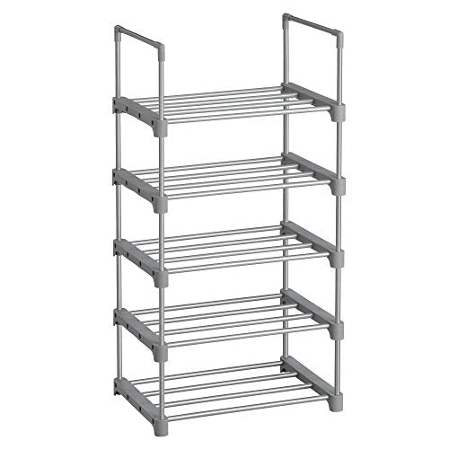 5-Tier Shoe Rack, Metal Shoe Storage Organiser, Stackable Storage Rack, Space-Saving, Freestanding Shelf, for Hallway, Bedroom, Living Room, Grey