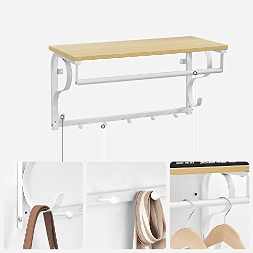 Coat Rack Shelf Wall Mounted, Hook Rack Shelf with 5 Hooks and Hanging Rail, for Entryway, Hallway, Bathroom, Living Room, Oak, White