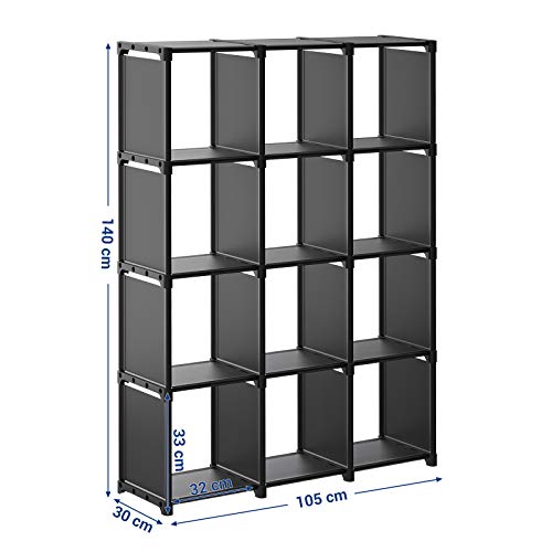 Cube Storage, 12-Cube Bookcase, DIY Closet Organiser, Storage Shelf in Living Room, Children’s Room, Bathroom, 105 x 30 x 140 cm, Includes Rubber Mallet, Black