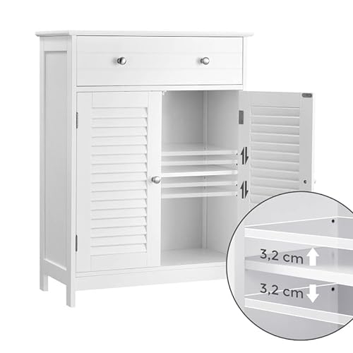 Bathroom Floor Cabinet, Storage Organiser Unit, 60 x 30 x 80 cm, Cupboard with 2 Louvred Doors, Drawer, Adjustable Shelf, Scandinavian Nordic Style, Matte White