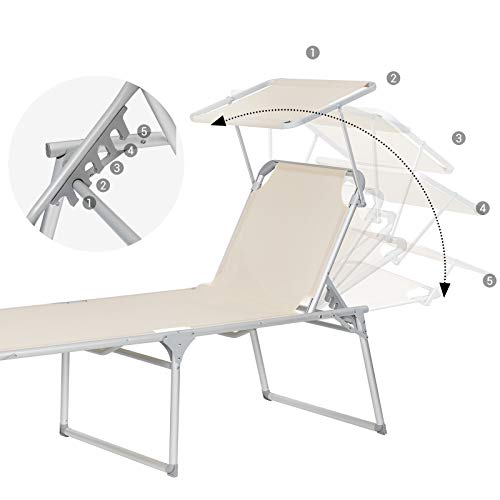 Sun Lounger, Sunbed, Large Reclining Sun Chair, 65 x 200 x 48 cm, Load Capacity 150 kg, with Reclining Backrest, Sunshade, Foldable, for Garden, Balcony, Terrace, Beige