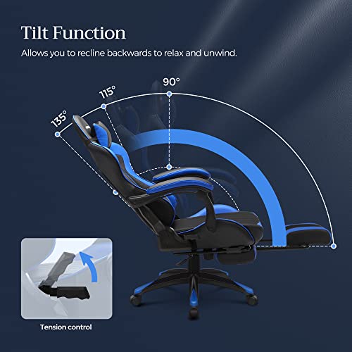 Gaming Chair, Ergonomic Office Chair, Desk Chair, Extendable Footrest, 90°-135° Tilt Angle, Maximum Load 150 kg, Black/Blue