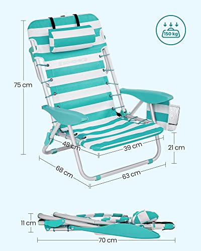 Beach Chair, Folding Camping Chair, Portable Outdoor Chair, Carry as a Backpack, with Adjustable Backrest, Headrest, Armrest, 2 Side Pockets, Green and White