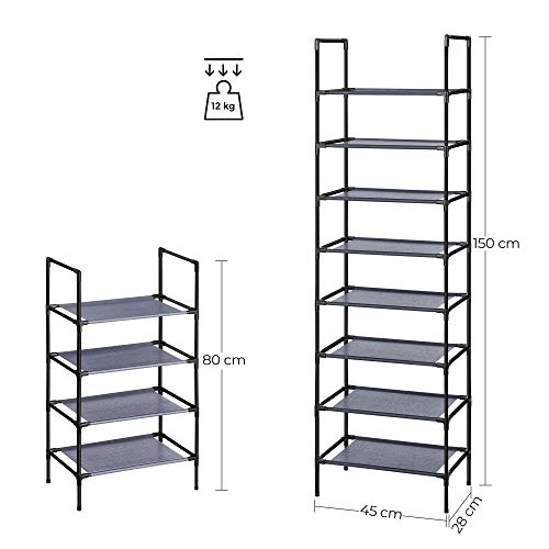 4-Tier Shoe Rack, Set of 2 Shoe Storage Organiser with Metal Frame, Non-Woven Fabric Layer, for Hallway, Bedroom, Living Room, 45 x 28 x 80 cm, Grey