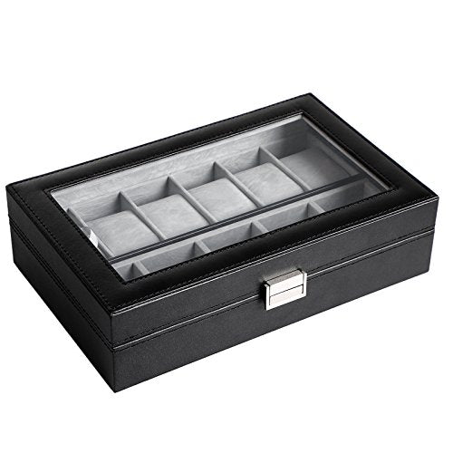 Watch Box, Watch Case, Storage Box with Large Compartments, PU Cover, Velvet Lining, Glass Window, Great Gift Choice, Black