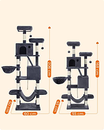 Large Cat Scratching Post M Cat Scratching Post 168 cm High Cat Tree with 13 Scratching Posts 1 Scratching Ramp 2 Platforms 2 Caves Basket Hammock Pompoms for Large Cats Smoke Grey