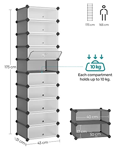 Interlocking Shoe Rack, Rectangular Storage Organiser, 10 Slot Modular DIY Storage Shelf Unit, 40 x 30 x 17 cm for Each Slot, Plastic Wardrobe with Doors, Grey