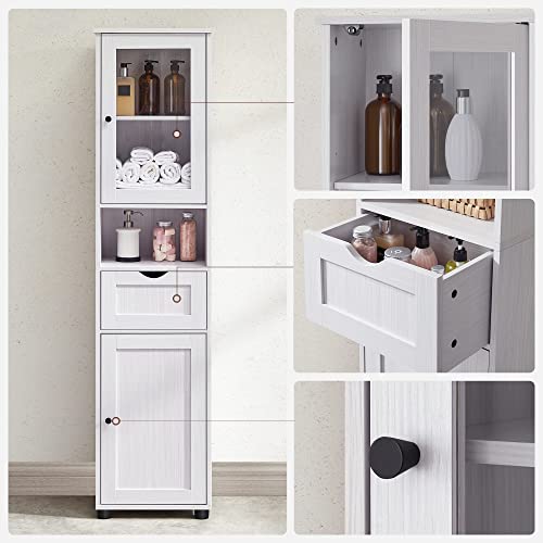 Bathroom Cabinet, Column Storage Unit with Adjustable Shelves, Door Cupboards, Drawers, Space-Saving, Wood White