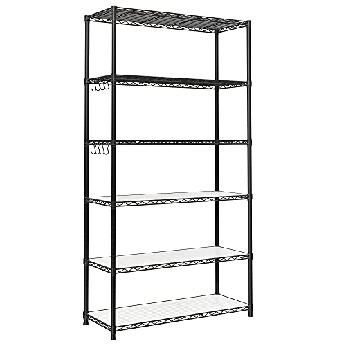 Kitchen Shelf with 6 Levels, Metal Shelf, Standing Shelf, Height Adjustable Mesh Shelf, with PP Plastic Plates, 8 S-Hooks, for Kitchen, Living Room, Space Saving, Black