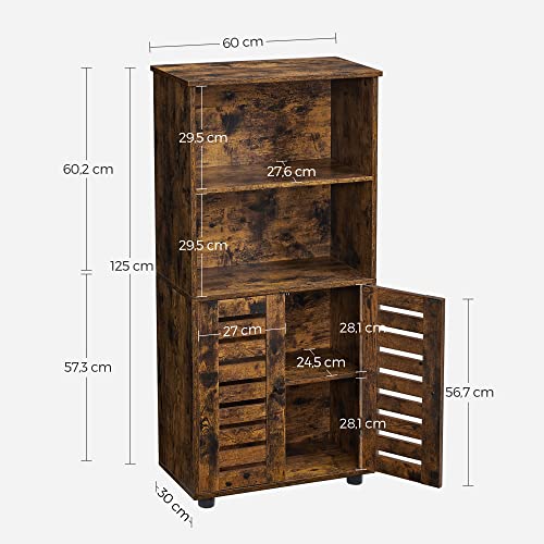 Floor Standing Cabinet, Storage Cabinet, Kitchen Cupboard, Bookcase with Louvered Doors, Open Compartments, Height-Adjustable Shelf, for Living Room, Kitchen, Rustic Brown