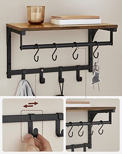 Wall Mounted Coat Rack, Wall Shelf with 8 Removable Hooks, Wall Mounted Hanging Shelf with Clothes Rail, for Hallway, Bedroom, Vintage Brown/Black