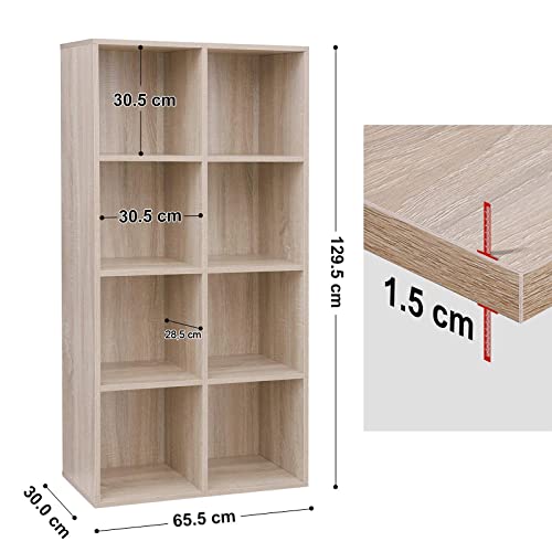 8-Cube Storage Bookshelf, Wooden Bookcase and Display Shelf, Freestanding Cabinet Unit for Office, Living Room, Bedroom, Oak Colour